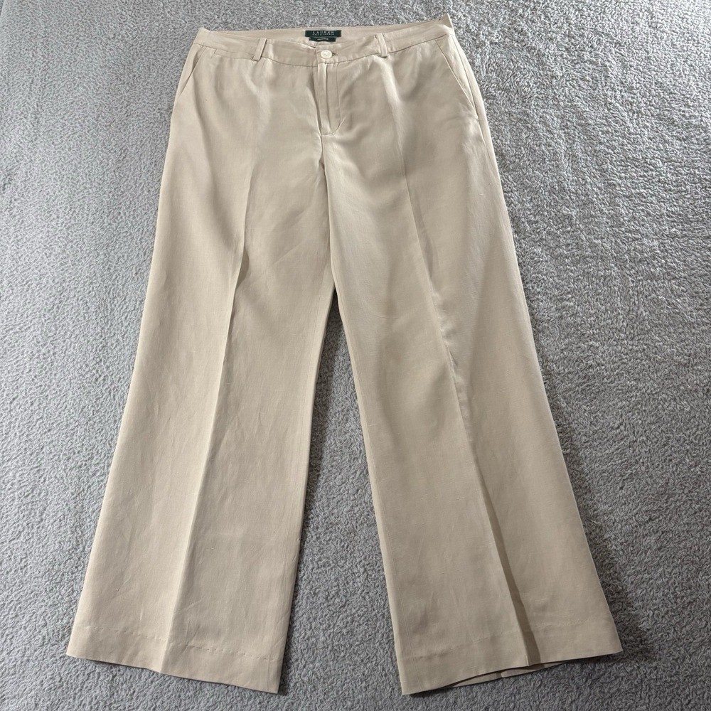 Lauren Ralph Lauren Andover Sz 10 Silk Linen Blend Lined Wide Leg Pants Beige - Picture 13 of 14
